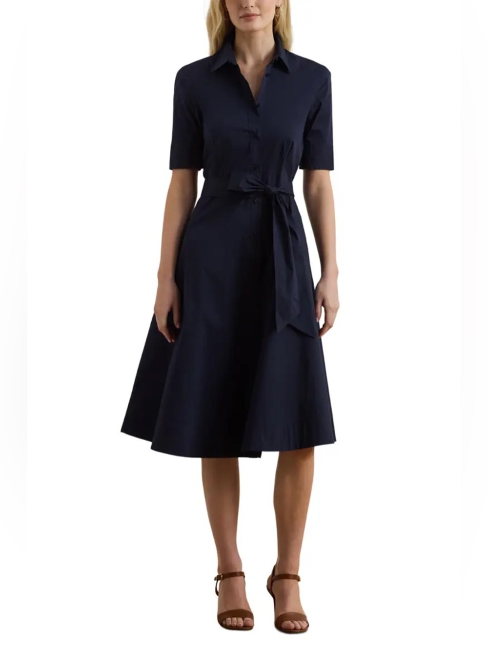 Lauren Ralph Lauren Cotton Blend Shirt Midi Dress With Waist Tie In Navy Size 18
